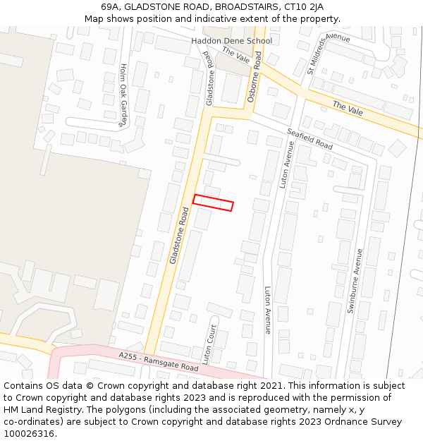 69A, GLADSTONE ROAD, BROADSTAIRS, CT10 2JA: Location map and indicative extent of plot