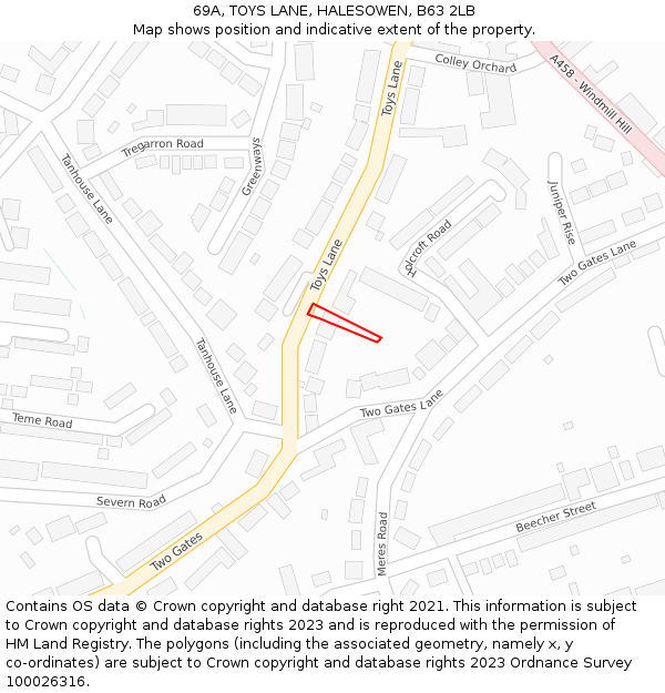 69A, TOYS LANE, HALESOWEN, B63 2LB: Location map and indicative extent of plot