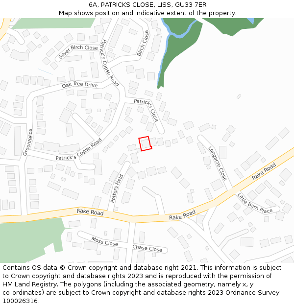 6A, PATRICKS CLOSE, LISS, GU33 7ER: Location map and indicative extent of plot