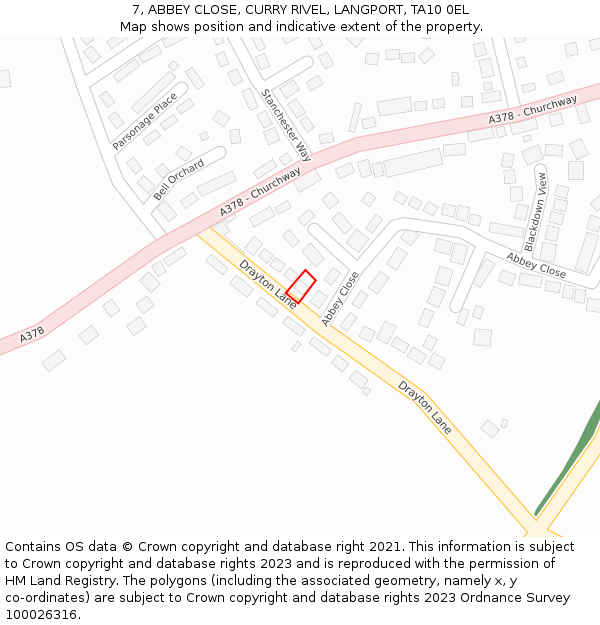 7, ABBEY CLOSE, CURRY RIVEL, LANGPORT, TA10 0EL: Location map and indicative extent of plot