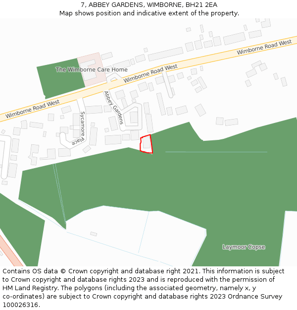 7, ABBEY GARDENS, WIMBORNE, BH21 2EA: Location map and indicative extent of plot
