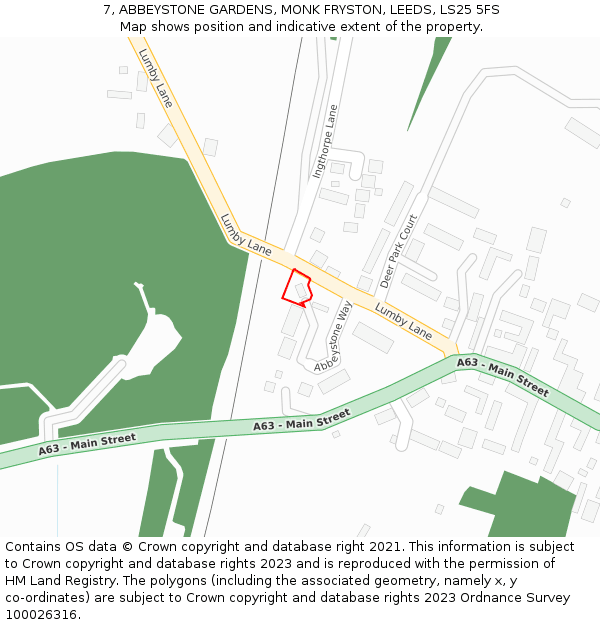 7, ABBEYSTONE GARDENS, MONK FRYSTON, LEEDS, LS25 5FS: Location map and indicative extent of plot
