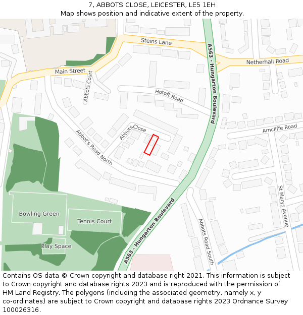 7, ABBOTS CLOSE, LEICESTER, LE5 1EH: Location map and indicative extent of plot