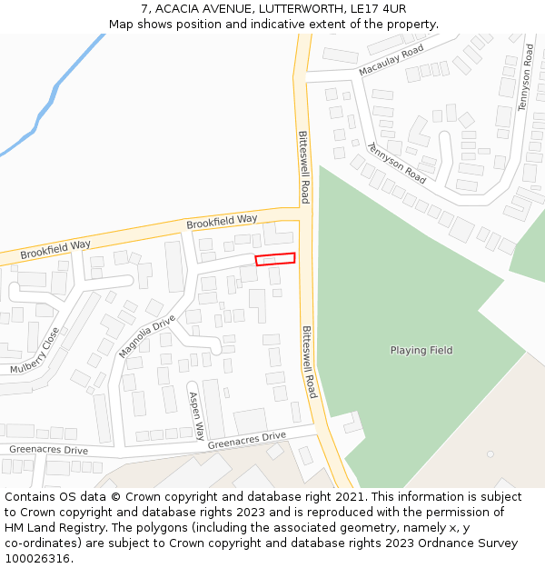 7, ACACIA AVENUE, LUTTERWORTH, LE17 4UR: Location map and indicative extent of plot