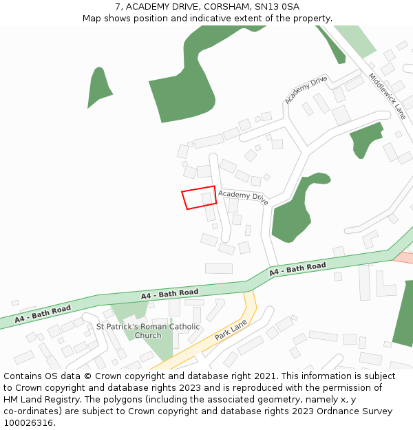 7, ACADEMY DRIVE, CORSHAM, SN13 0SA: Location map and indicative extent of plot