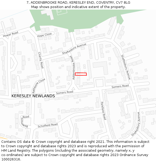 7, ADDENBROOKE ROAD, KERESLEY END, COVENTRY, CV7 8LG: Location map and indicative extent of plot