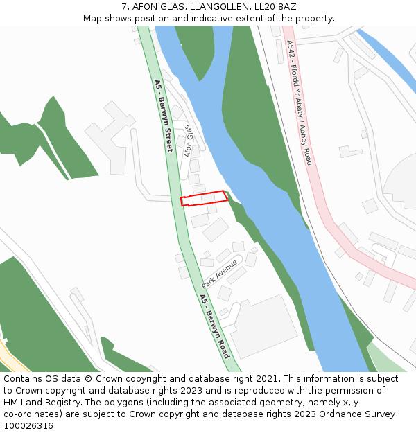 7, AFON GLAS, LLANGOLLEN, LL20 8AZ: Location map and indicative extent of plot