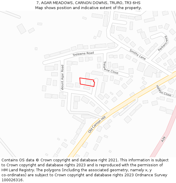 7, AGAR MEADOWS, CARNON DOWNS, TRURO, TR3 6HS: Location map and indicative extent of plot