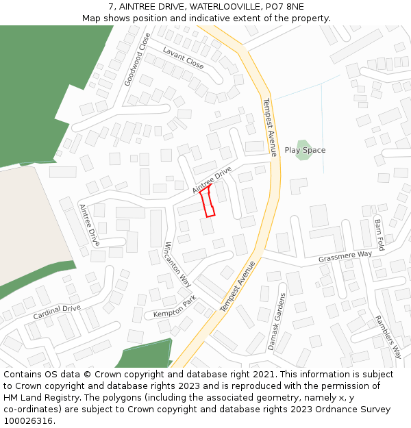 7, AINTREE DRIVE, WATERLOOVILLE, PO7 8NE: Location map and indicative extent of plot