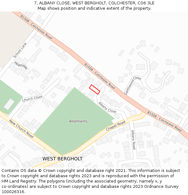 7, ALBANY CLOSE, WEST BERGHOLT, COLCHESTER, CO6 3LE: Location map and indicative extent of plot