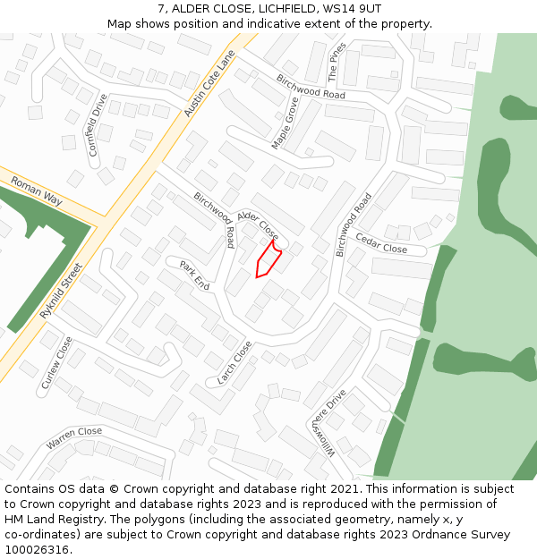 7, ALDER CLOSE, LICHFIELD, WS14 9UT: Location map and indicative extent of plot