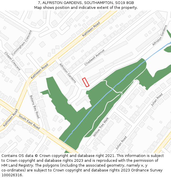 7, ALFRISTON GARDENS, SOUTHAMPTON, SO19 8GB: Location map and indicative extent of plot