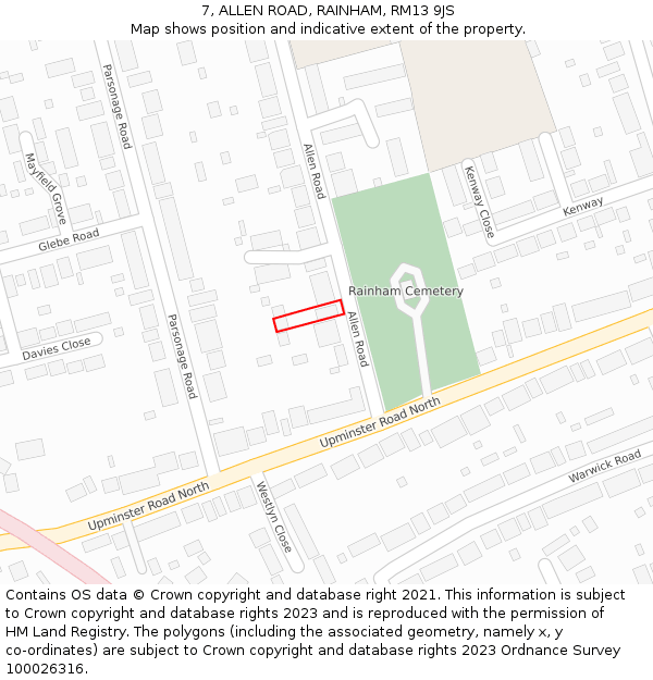 7, ALLEN ROAD, RAINHAM, RM13 9JS: Location map and indicative extent of plot