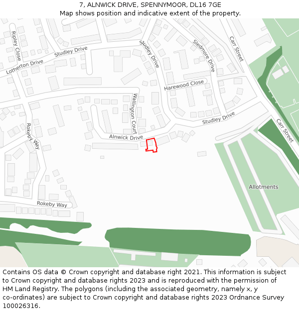 7, ALNWICK DRIVE, SPENNYMOOR, DL16 7GE: Location map and indicative extent of plot