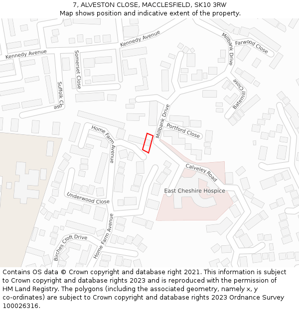 7, ALVESTON CLOSE, MACCLESFIELD, SK10 3RW: Location map and indicative extent of plot