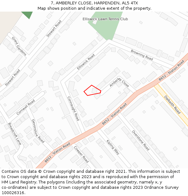 7, AMBERLEY CLOSE, HARPENDEN, AL5 4TX: Location map and indicative extent of plot