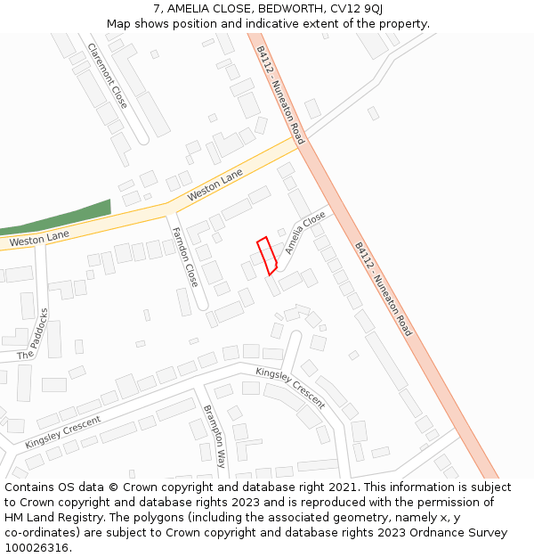 7, AMELIA CLOSE, BEDWORTH, CV12 9QJ: Location map and indicative extent of plot