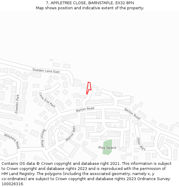 7, APPLETREE CLOSE, BARNSTAPLE, EX32 8PN: Location map and indicative extent of plot