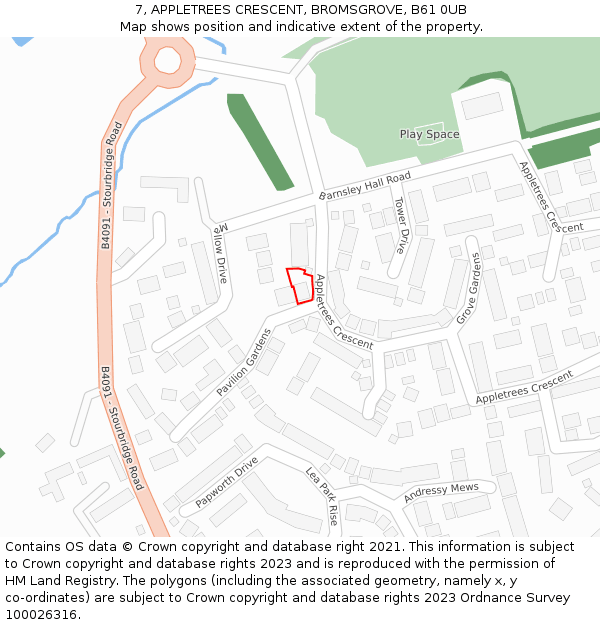 7, APPLETREES CRESCENT, BROMSGROVE, B61 0UB: Location map and indicative extent of plot