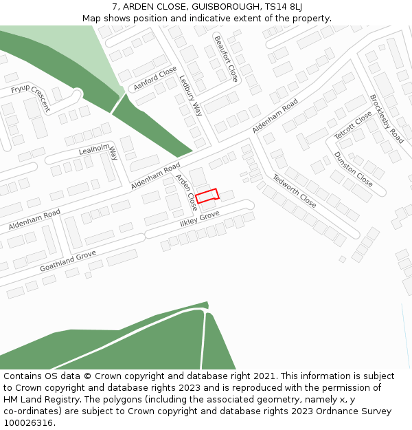 7, ARDEN CLOSE, GUISBOROUGH, TS14 8LJ: Location map and indicative extent of plot