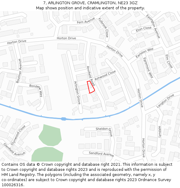7, ARLINGTON GROVE, CRAMLINGTON, NE23 3GZ: Location map and indicative extent of plot