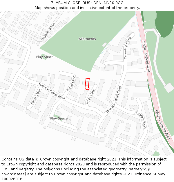 7, ARUM CLOSE, RUSHDEN, NN10 0GG: Location map and indicative extent of plot