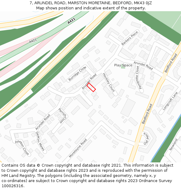 7, ARUNDEL ROAD, MARSTON MORETAINE, BEDFORD, MK43 0JZ: Location map and indicative extent of plot