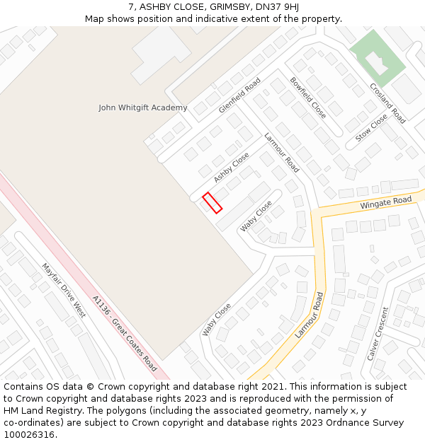 7, ASHBY CLOSE, GRIMSBY, DN37 9HJ: Location map and indicative extent of plot