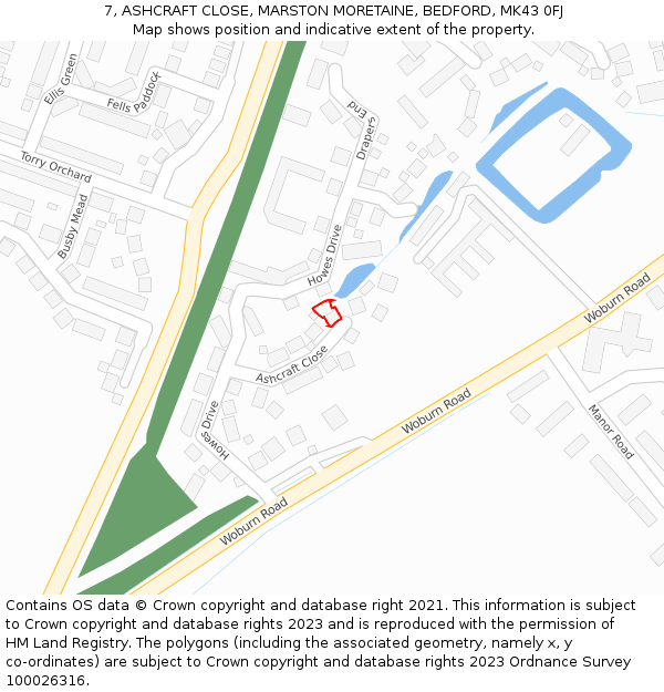 7, ASHCRAFT CLOSE, MARSTON MORETAINE, BEDFORD, MK43 0FJ: Location map and indicative extent of plot