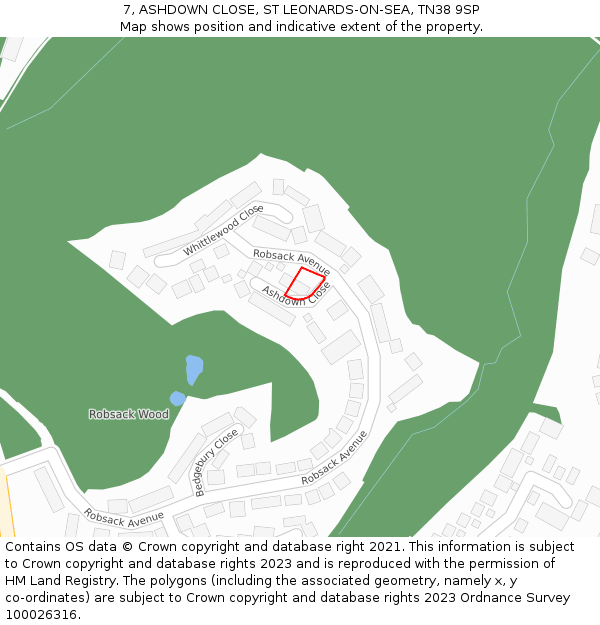 7, ASHDOWN CLOSE, ST LEONARDS-ON-SEA, TN38 9SP: Location map and indicative extent of plot