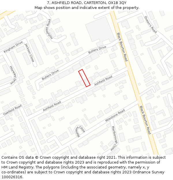 7, ASHFIELD ROAD, CARTERTON, OX18 3QY: Location map and indicative extent of plot