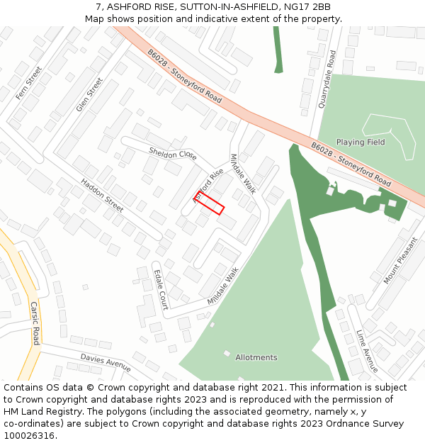 7, ASHFORD RISE, SUTTON-IN-ASHFIELD, NG17 2BB: Location map and indicative extent of plot