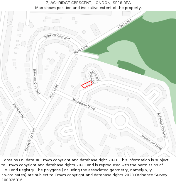 7, ASHRIDGE CRESCENT, LONDON, SE18 3EA: Location map and indicative extent of plot
