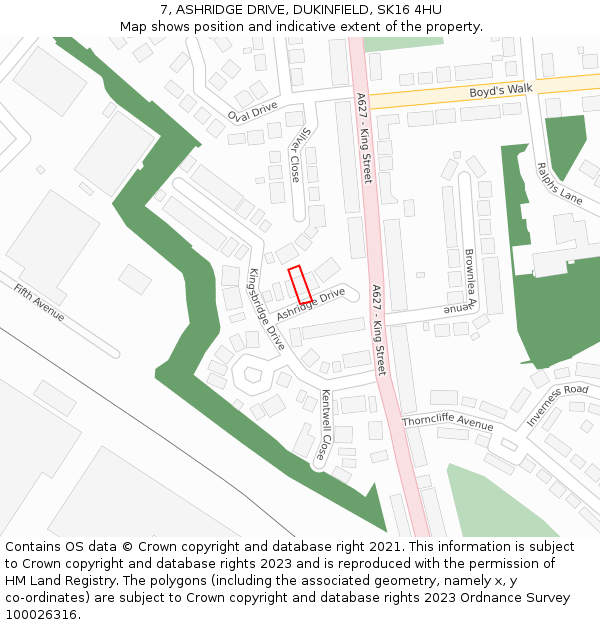 7, ASHRIDGE DRIVE, DUKINFIELD, SK16 4HU: Location map and indicative extent of plot