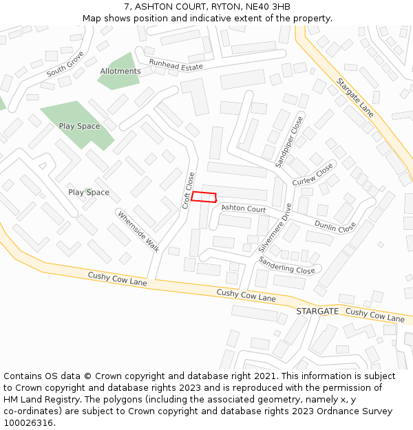 7, ASHTON COURT, RYTON, NE40 3HB: Location map and indicative extent of plot