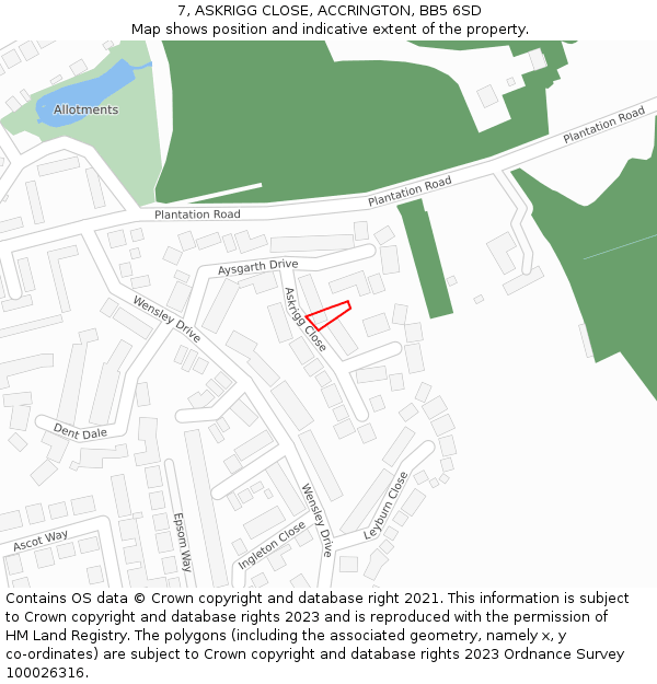 7, ASKRIGG CLOSE, ACCRINGTON, BB5 6SD: Location map and indicative extent of plot