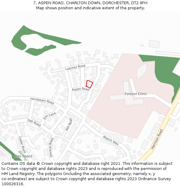 7, ASPEN ROAD, CHARLTON DOWN, DORCHESTER, DT2 9FH: Location map and indicative extent of plot