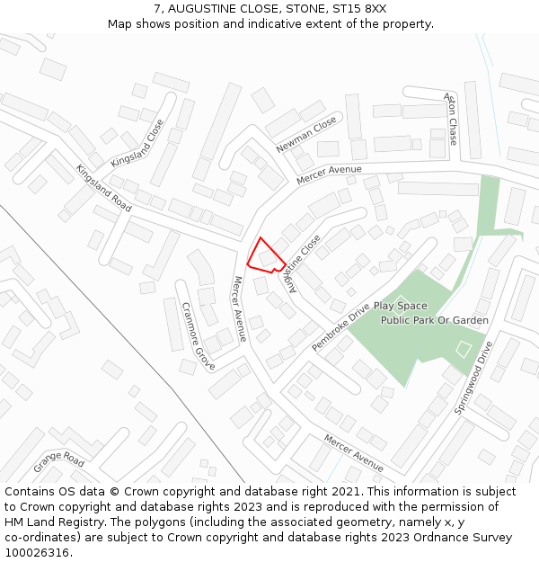 7, AUGUSTINE CLOSE, STONE, ST15 8XX: Location map and indicative extent of plot