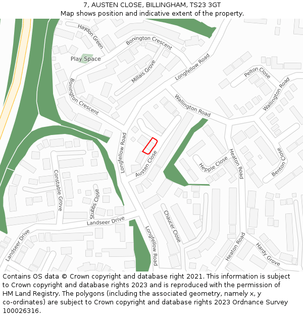 7, AUSTEN CLOSE, BILLINGHAM, TS23 3GT: Location map and indicative extent of plot