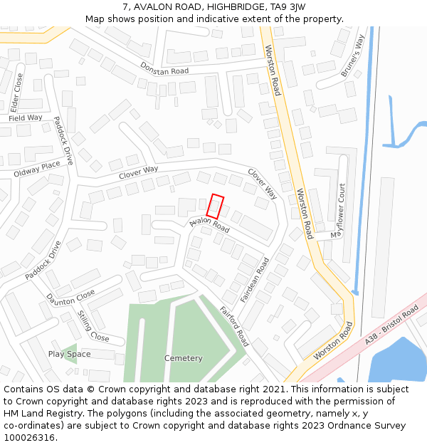 7, AVALON ROAD, HIGHBRIDGE, TA9 3JW: Location map and indicative extent of plot