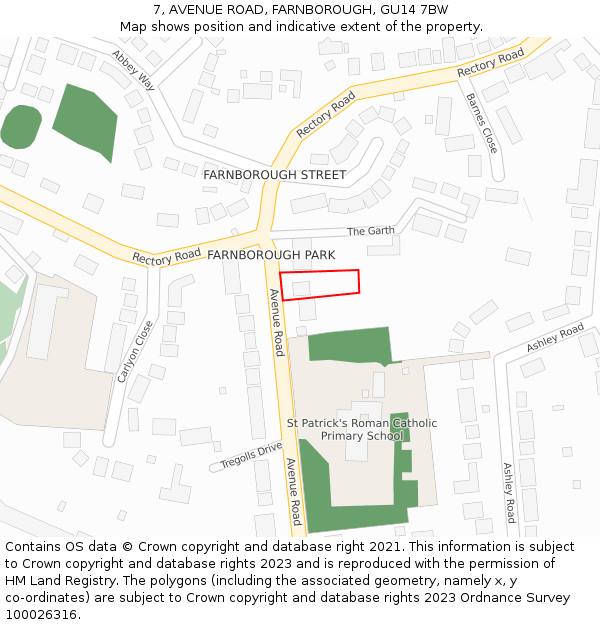 7, AVENUE ROAD, FARNBOROUGH, GU14 7BW: Location map and indicative extent of plot