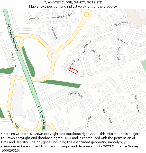 7, AVOCET CLOSE, SANDY, SG19 2TD: Location map and indicative extent of plot