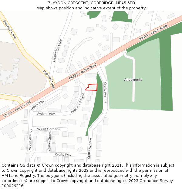 7, AYDON CRESCENT, CORBRIDGE, NE45 5EB: Location map and indicative extent of plot