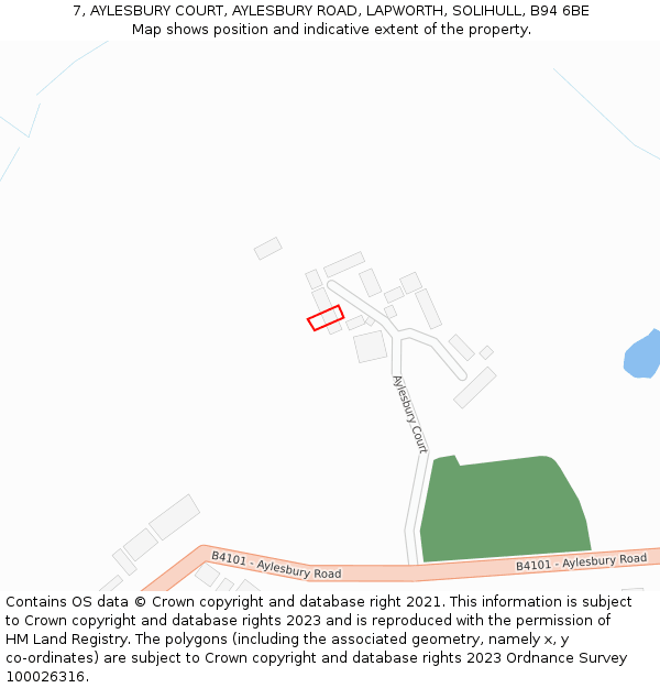 7, AYLESBURY COURT, AYLESBURY ROAD, LAPWORTH, SOLIHULL, B94 6BE: Location map and indicative extent of plot