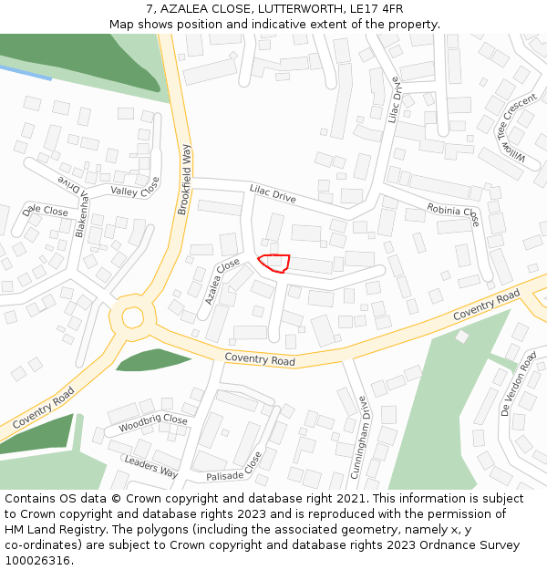 7, AZALEA CLOSE, LUTTERWORTH, LE17 4FR: Location map and indicative extent of plot