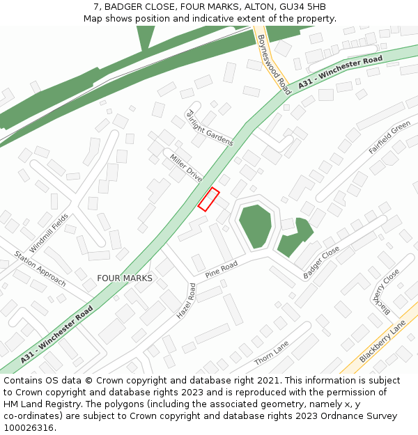 7, BADGER CLOSE, FOUR MARKS, ALTON, GU34 5HB: Location map and indicative extent of plot