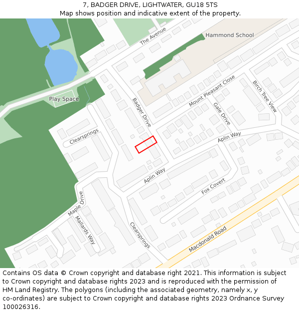 7, BADGER DRIVE, LIGHTWATER, GU18 5TS: Location map and indicative extent of plot