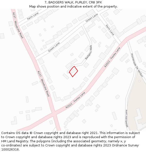 7, BADGERS WALK, PURLEY, CR8 3PX: Location map and indicative extent of plot