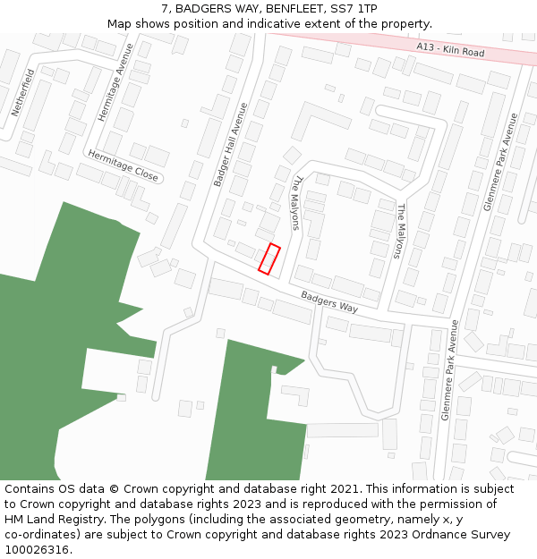 7, BADGERS WAY, BENFLEET, SS7 1TP: Location map and indicative extent of plot