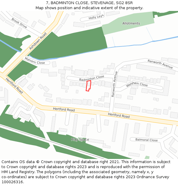 7, BADMINTON CLOSE, STEVENAGE, SG2 8SR: Location map and indicative extent of plot